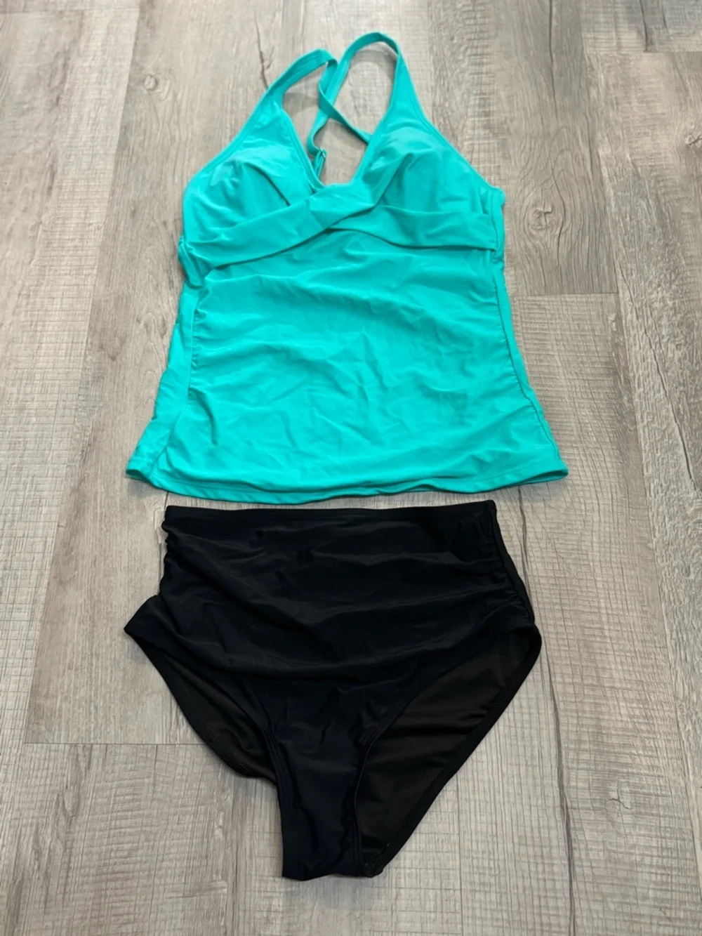 Turquoise Tankini Top with Black High-Waist Bikini Bottoms